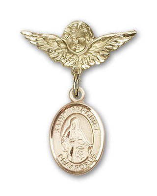 Pin Badge with St. Veronica Charm and Angel with Smaller Wings Badge Pin - 14K Solid Gold