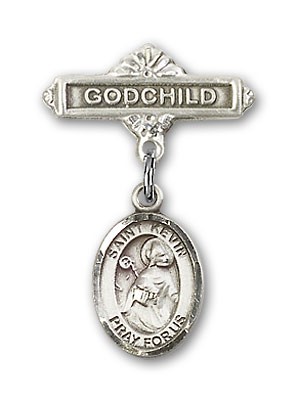 Pin Badge with St. Kevin Charm and Godchild Badge Pin - Silver tone