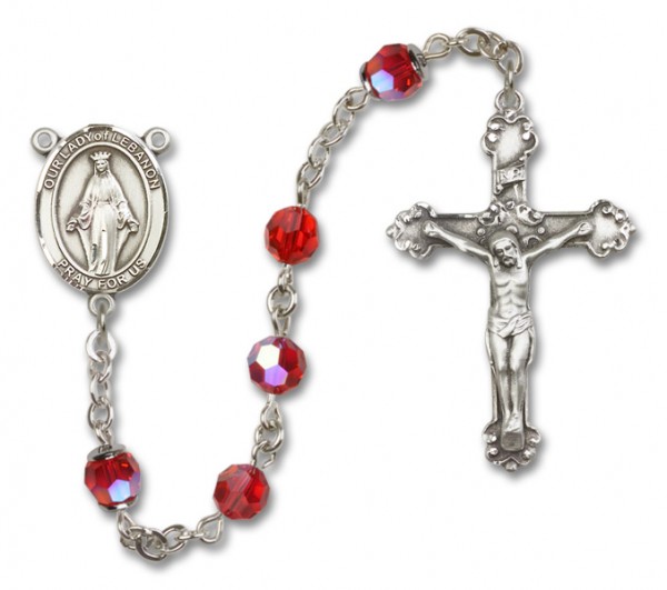 Our Lady of Lebanon Sterling Silver Heirloom Rosary Fancy Crucifix - Ruby Red