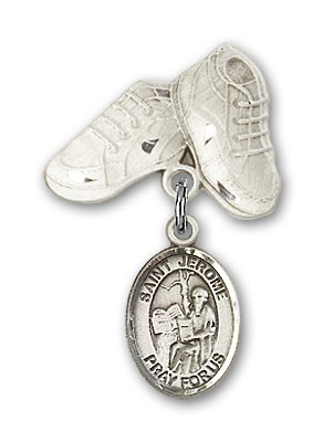 Pin Badge with St. Jerome Charm and Baby Boots Pin - Silver tone
