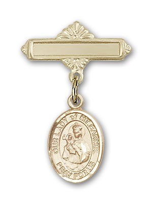 Pin Badge with Our Lady of Mount Carmel Charm and Polished Engravable Badge Pin - 14K Solid Gold