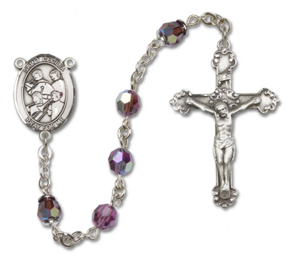 St. Cecilia with Marching Band Sterling Silver Heirloom Rosary Fancy Crucifix - Amethyst