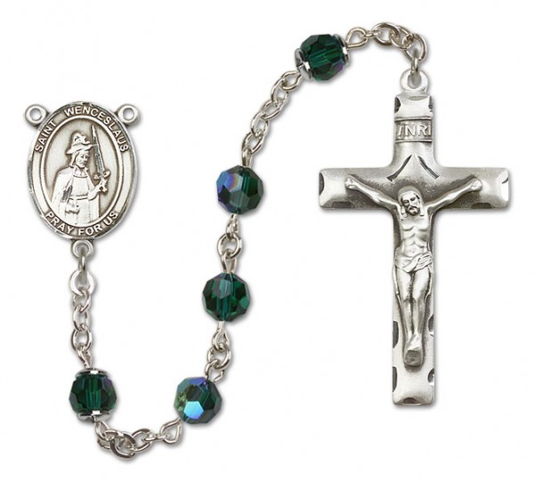 St. Wenceslaus Sterling Silver Heirloom Rosary Squared Crucifix - Emerald Green