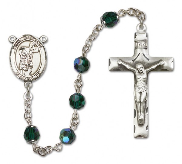 St. Stephanie Sterling Silver Heirloom Rosary Squared Crucifix - Emerald Green