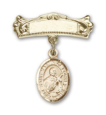 Pin Badge with St. Martin de Porres Charm and Arched Polished Engravable Badge Pin - 14K Solid Gold