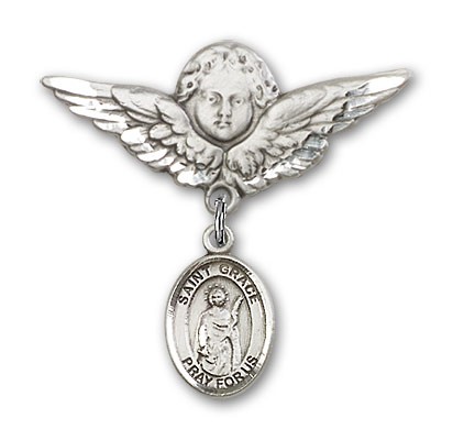 Pin Badge with St. Grace Charm and Angel with Larger Wings Badge Pin - Silver tone