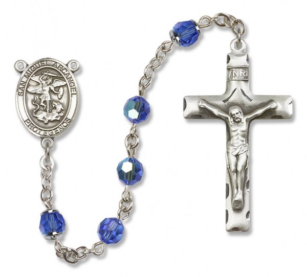 San Miguel the Archangel Sterling Silver Heirloom Rosary Squared Crucifix - Sapphire