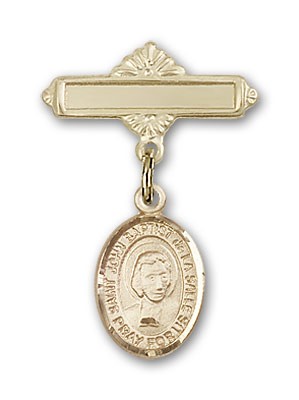Pin Badge with St. John Baptist de la Salle Charm and Polished Engravable Badge Pin - 14K Solid Gold