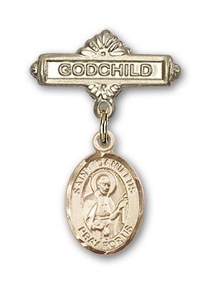Pin Badge with St. Camillus of Lellis Charm and Godchild Badge Pin - 14K Solid Gold