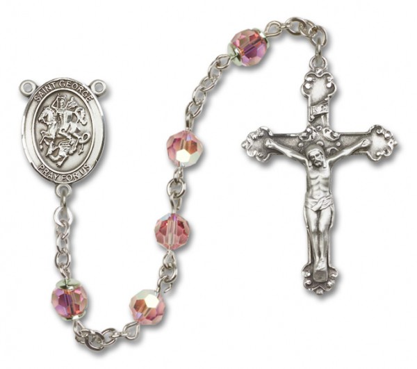 St. George Sterling Silver Heirloom Rosary Fancy Crucifix - Light Rose