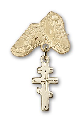 Baby Badge with Greek Orthadox Cross Charm and Baby Boots Pin - 14K Solid Gold