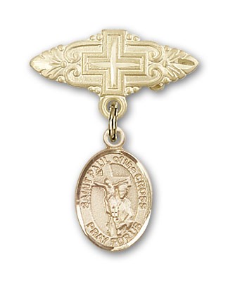 Pin Badge with St. Paul of the Cross Charm and Badge Pin with Cross - Gold Tone