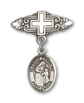 Pin Badge with Blessed Caroline Gerhardinger Charm and Badge Pin with Cross - Silver tone