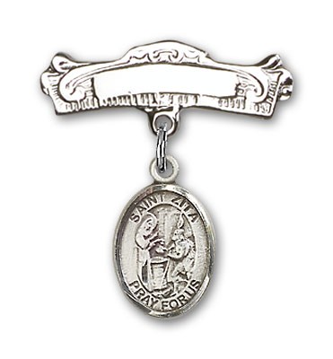 Pin Badge with St. Zita Charm and Arched Polished Engravable Badge Pin - Silver tone