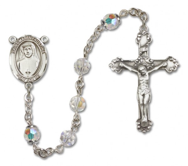St. Maria Faustina Sterling Silver Heirloom Rosary Fancy Crucifix - Crystal