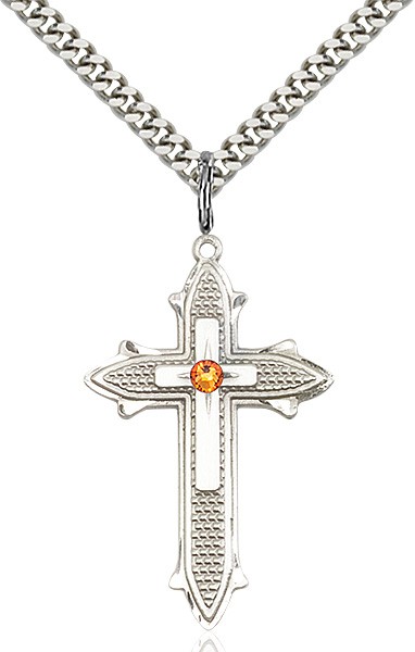 Large Women's Polished and Textured Cross Pendant with Birthstone Option - Topaz
