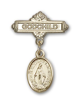 Baby Pin with Miraculous Charm and Godchild Badge Pin - 14K Solid Gold