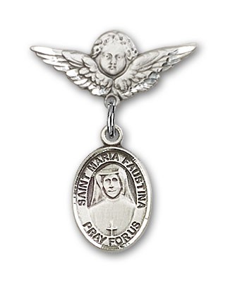Pin Badge with St. Maria Faustina Charm and Angel with Smaller Wings Badge Pin - Silver tone