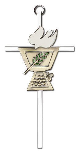 Confirmation Chalice and Dove Wall Cross 6&quot; - Two-Tone Silver