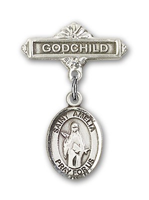 Pin Badge with St. Amelia Charm and Godchild Badge Pin - Silver tone