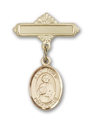 Pin Badge with St. Philip the Apostle Charm and Polished Engravable Badge Pin - 14K Solid Gold