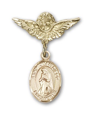 Pin Badge with St. Juan Diego Charm and Angel with Smaller Wings Badge Pin - 14K Solid Gold