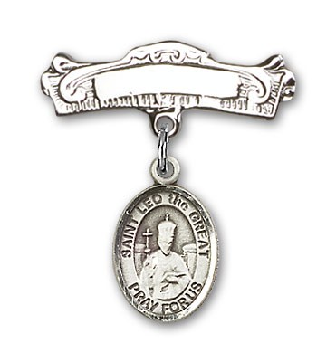 Pin Badge with St. Leo the Great Charm and Arched Polished Engravable Badge Pin - Silver tone