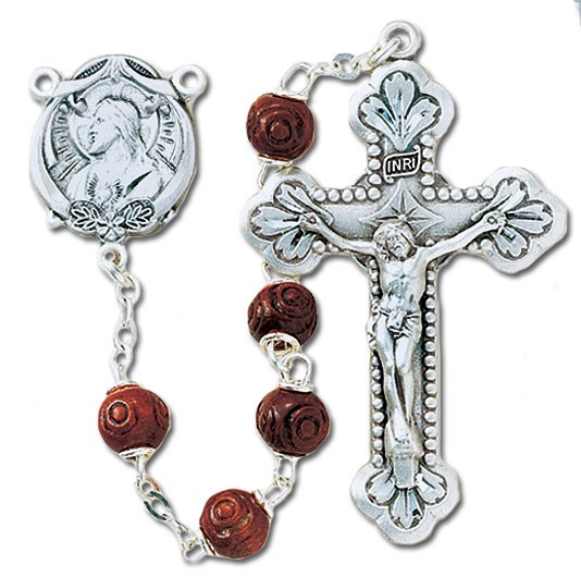 6mm Maroon Carved Wood Bead Rosary in Sterling Silver - Red