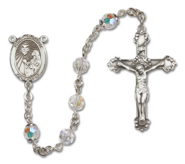 St. Margaret Mary Alacoque Sterling Silver Heirloom Rosary Fancy Crucifix - Crystal