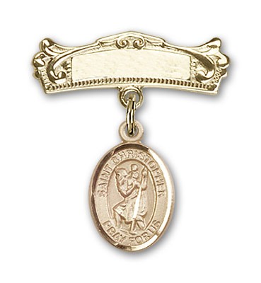 Pin Badge with St. Christopher Charm and Arched Polished Engravable Badge Pin - 14K Solid Gold