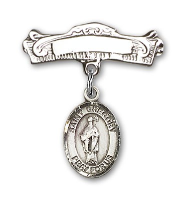 Pin Badge with St. Gregory the Great Charm and Arched Polished Engravable Badge Pin - Silver tone