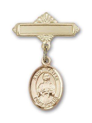 Pin Badge with St. Kateri Charm and Polished Engravable Badge Pin - Gold Tone