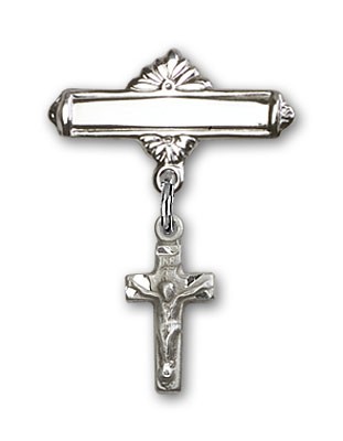 Pin Badge with Crucifix Charm and Polished Engravable Badge Pin - Silver tone