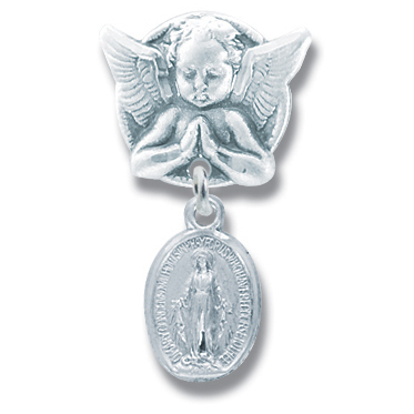 Baby Pin Guardian Angel and Miraculous Medal Sterling Silver - Sterling Silver