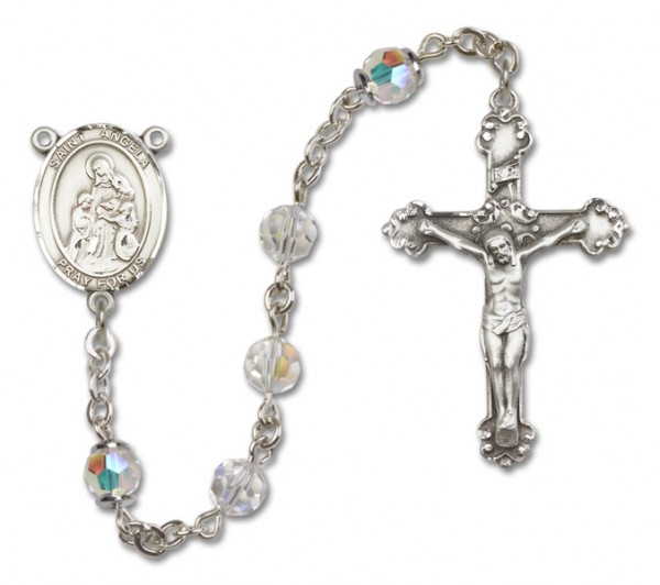 St. Angela Merici Sterling Silver Heirloom Rosary Fancy Crucifix - Crystal