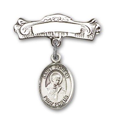 Pin Badge with St. Robert Bellarmine Charm and Arched Polished Engravable Badge Pin - Silver tone