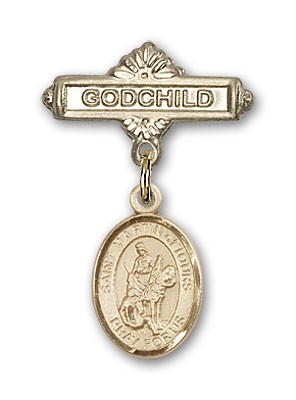 Pin Badge with St. Martin of Tours Charm and Godchild Badge Pin - 14K Solid Gold