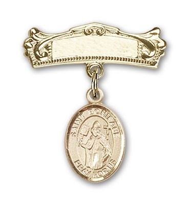 Pin Badge with St. Boniface Charm and Arched Polished Engravable Badge Pin - 14K Solid Gold
