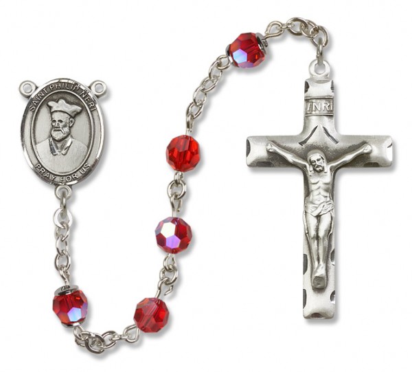 St. Philip Neri Sterling Silver Heirloom Rosary Squared Crucifix - Ruby Red