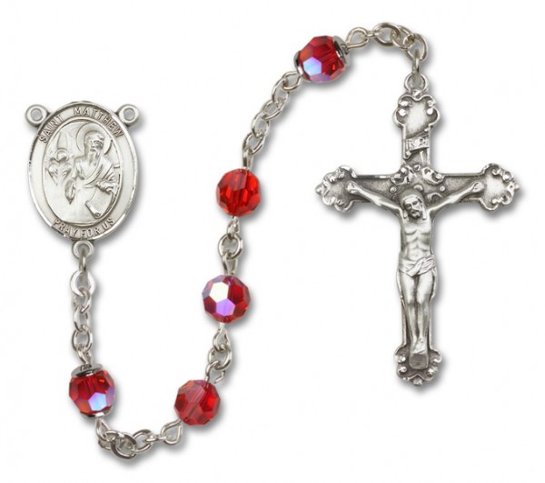 St. Matthew the Apostle Sterling Silver Heirloom Rosary Fancy Crucifix - Ruby Red