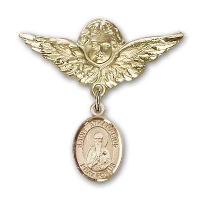 Pin Badge with St. Athanasius Charm and Angel with Larger Wings Badge Pin - 14K Solid Gold