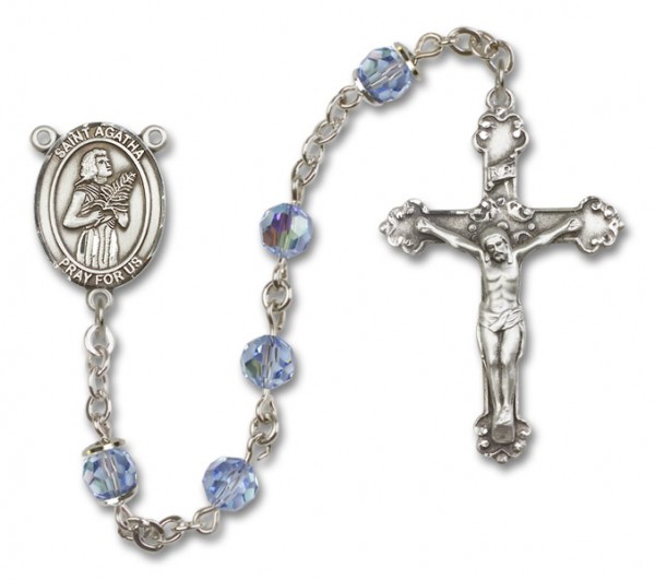 St. Agatha Sterling Silver Heirloom Rosary Fancy Crucifix - Light Sapphire