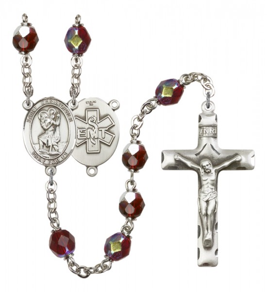 Men's St. Christopher EMT Silver Plated Rosary - Garnet