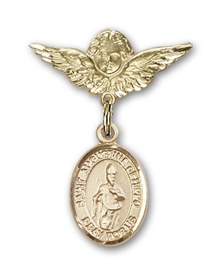 Pin Badge with St. Augustine of Hippo Charm and Angel with Smaller Wings Badge Pin - 14K Solid Gold
