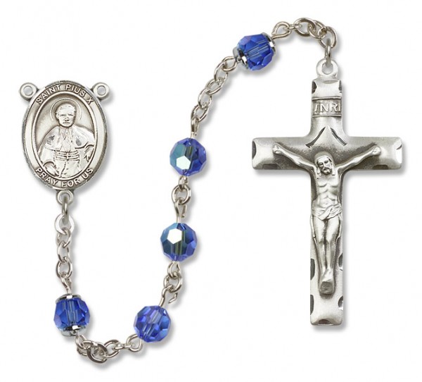 St. Pius X Sterling Silver Heirloom Rosary Squared Crucifix - Sapphire