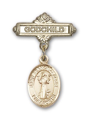 Pin Badge with St. Francis of Assisi Charm and Godchild Badge Pin - 14K Solid Gold