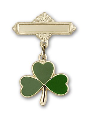 Pin Badge with Shamrock Charm and Polished Engravable Badge Pin - Gold Tone