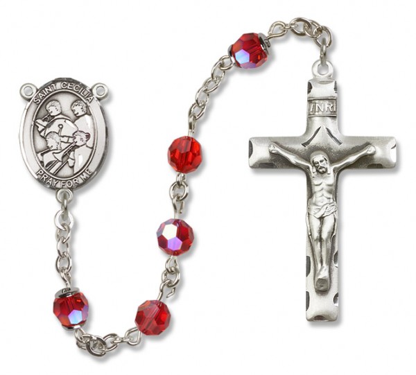 St. Cecilia with Marching Band Sterling Silver Heirloom Rosary Squared Crucifix - Ruby Red