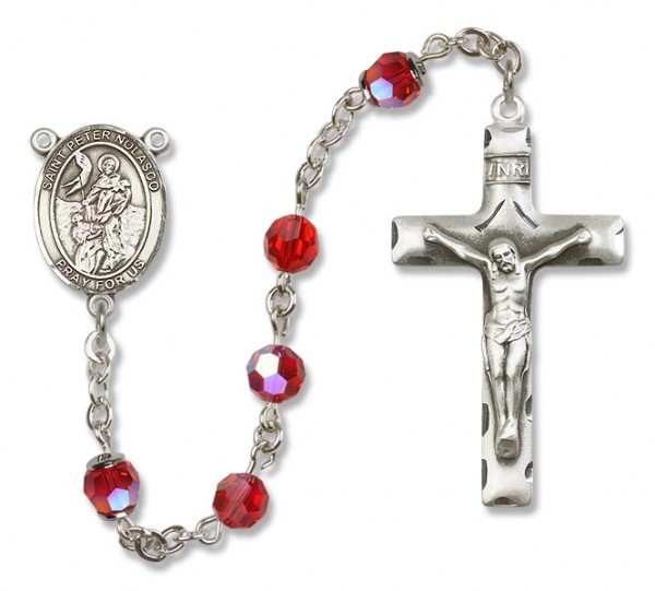 St. Peter Nolasco Rosary Our Lady of Mercy Sterling Silver Heirloom Rosary Squared Crucifix - Ruby Red