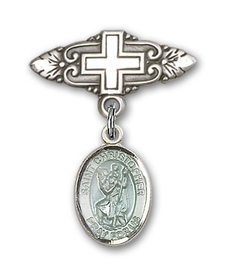 Pin Badge with St. Christopher Charm and Badge Pin with Cross - Silver | Blue